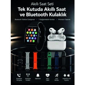 Mey İthalat® 7 Kordonlu Akıllı Saat ve Bluetooth Kulaklık Seti Nabız Takibi, Bildirimler ve Spor Modları