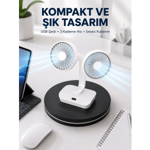 Mey İthalat® 720° Döner Çift Taraflı Masaüstü Vantilatör – USB Şarjlı Sessiz Fan