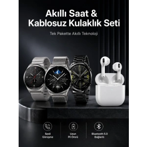 Mey İthalat® Akıllı Saat ve Kulaklık Seti Dokunmatik Ekran 5.0 Bluetooth Bağlantılı Sesli Görüşme