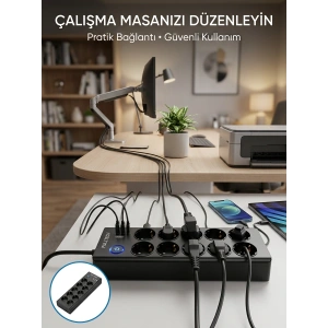 Mey İthalat® Akım Korumalı 10lu Çoklu Priz USB-A ve Type-C Şarj Çıkışlı