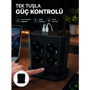 Mey İthalat® Akım Korumalı 8li Dikey Priz 4 USB 2 Type-C Hızlı Şarj Destekli Çoklu Priz