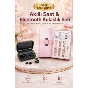 Mey İthalat® Aksesuar Hediyeli Akıllı Saat ve Dijital Göstergeli Powerbankli Bluetooth Kulaklık