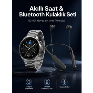 Mey İthalat® Alarm ve Titreşim Özellikli Akıllı Saat ve Mikrofonlu Kablolu Bluetooth Kulaklık 60 Saat