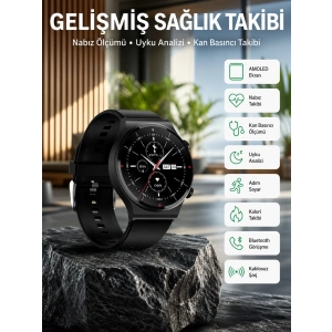Mey İthalat® Amoled Ekran Metal Deri Silikon Kordonlu Uyku ve Sağlık Takibi