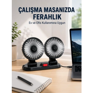 Mey İthalat® Araç ve Ev Kullanımına Uygun Çift Başlıklı Masaüstü Vantilatör