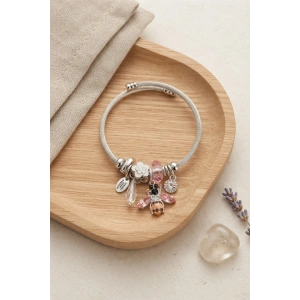 Mey İthalat® Arı ve Pembe Çiçek Charmlı Gümüş Renk Bileklik