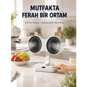 Mey İthalat® Ayarlanabilir Çift Fan Başlıklı Şarjlı Masa Vantilatörü