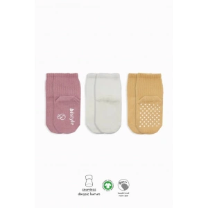Mey İthalat®   Basic Kaymaz Penye Soket Çorap 3Lü BS10107 Pudra Ekru Somon
