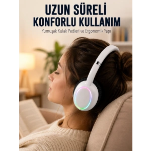 Mey İthalat® Beyaz Kablosuz Bluetooth Kulaklık Mikrofonlu Ergonomik Kulak Üstü Tasarım