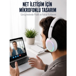 Mey İthalat® Bluetooth 5.0 Beyaz Kulak Üstü Kablosuz Kulaklık Mikrofonlu RGB Aydınlatmalı