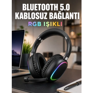 Mey İthalat® Bluetooth 5.0 Kablosuz Kulak Üstü Kulaklık Mikrofonlu RGB Aydınlatmalı