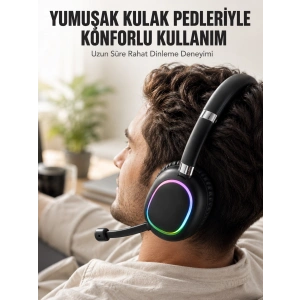 Mey İthalat® Bluetooth 5.0 RGB Işıklı Mikrofonlu Kablosuz Kulak Üstü Kulaklık