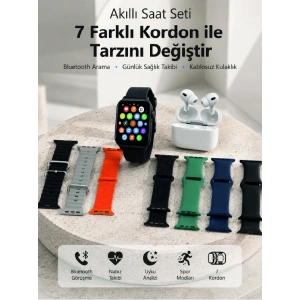 Mey İthalat® Bluetooth Görüşme Destekli Akıllı Saat Seti Kablosuz Kulaklık, 7 Kordon ve Çoklu Spor Modu