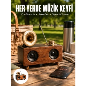 Mey İthalat® Bluetooth Hoparlör Ahşap Klasik Retro Gramofon Bluetooth Müzik Kutusu