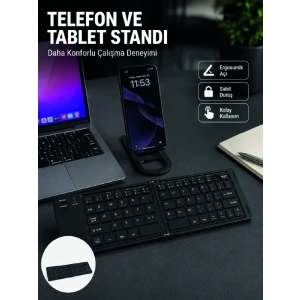 Mey İthalat® Bluetooth Katlanabilir Klavye USB-C Şarjlı 3 Cihaz Bağlantılı Taşınabilir Klavye