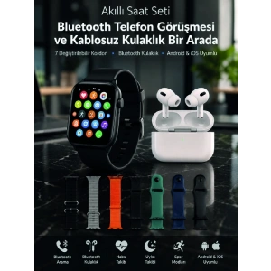 Mey İthalat® Bluetooth Telefon Görüşmeli Akıllı Saat Seti Kablosuz Bluetooth Kulaklık 7 Değiştirilebilir Kordon