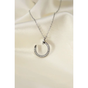 Mey İthalat® Çelik Silver Renk Zirkon Taşlı Çivi Model Kadın Kolye