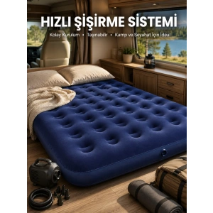 Mey İthalat® Çift Kişilik Şişme Yatak Dayanıklı Vinil Kamp ve Misafir Kullanımına Uygun
