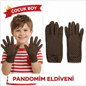 Mey İthalat® Çocuk Boy Pandomim Eldiveni Beyaz Puantiyeli Kahve Renk Gösteri Eldiveni 23 Nisan 19 Mayıs