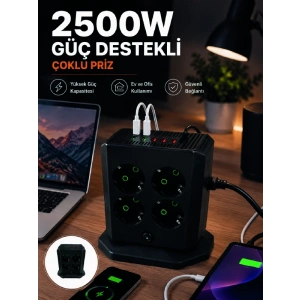 Mey İthalat® Çoklu Priz 8 Çıkışlı 4 USB 2 Type-C Anahtarlı Dikey Priz Kulesi