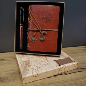 Mey İthalat® Deri Pusula Tasarımlı Defter Ve Metal Kalem Seti