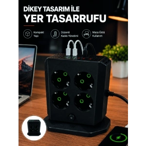 Mey İthalat® Dikey Priz Kulesi 8 AC Priz 4 USB 2 Type-C Çocuk Korumalı Güç Dağıtıcı