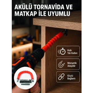 Mey İthalat® Esnek Bits Uç Seti 12 Parça Manyetik Adaptörlü Matkap Tornavida Aksesuarı