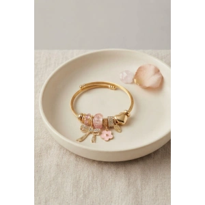 Mey İthalat® Fiyonk Charmlı Pembe Renk Gold Bileklik