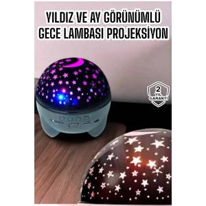 Mey İthalat® Gece Lambası Projeksiyon Görünümlü Şarjlı Yıldızlı Yuvarlak
