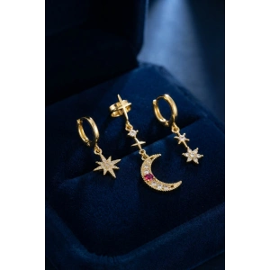 Mey İthalat® Gold Renk 3 lü Ay ve Yıldız Model Küpe