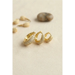Mey İthalat® Gold Renk 3 lü Zirkon Taşlı Halka Küpe Set