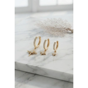 Mey İthalat® Gold Renk Kutup Yıldız Model 3 lü Küpe Seti