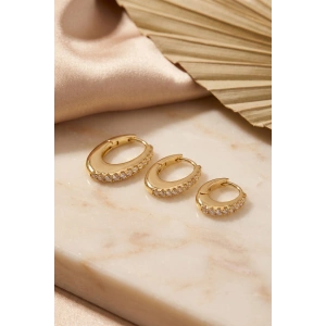 Mey İthalat® Gold Renk Oval Halka Model Zirkon Taşlı 3 lü Küpe Set