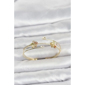Mey İthalat® Gold Renk Pirinç Zirkon Taşlı Çiçek Model Kadın Bileklik