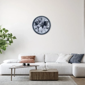 Mey İthalat® Gri 36 Cm Dünya Haritalı Duvar Saati