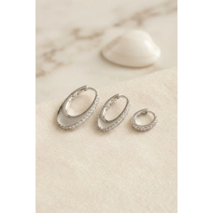 Mey İthalat® Gümüş Renk Oval Halka Model Zirkon Taşlı 3 lü Küpe Set