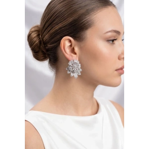 Mey İthalat® Gümüş Renk Zirkon Taşlı Çiçek Model Kadın Abiye Küpe