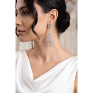 Mey İthalat® Gümüş Renk Zirkon Taşlı Kadın Abiye Küpe