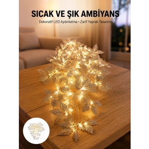 Mey İthalat® Gümüş Yaprak Tasarımlı LED Işık Pilli Ev ve Vitrin Dekoru