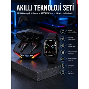 Mey İthalat® İkili Set Dev Kampanya Ucuz Kulaklık Ucuz Akıllı Saat Gürültü Önleyici Uzun Pil Ömrü