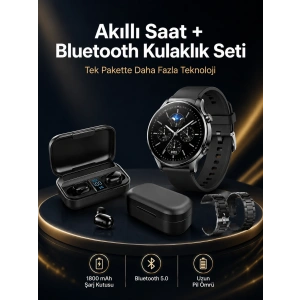 Mey İthalat® Kablosuz Bluetooth Kulaklık ve Kordon Hediyeli Akıllı Saat Nabız Ölçer Uzun Pil Ömrü