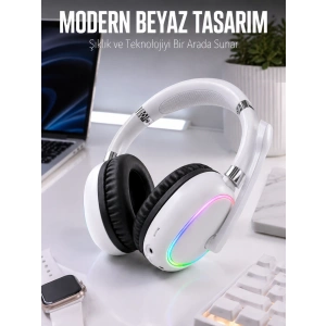 Mey İthalat® Kablosuz Bluetooth Mikrofonlu Beyaz Kulaklık  RGB Işıklı