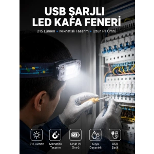 Mey İthalat® Kafa Lambası Led Fener Pratik Taşınabilir Ayarlanabilir USB Şarjlı