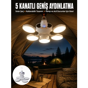 Mey İthalat® Kamp Lambası Işıldak Beyaz Işık Güneş Enerjili Solar Aydınlatma 5 Kanatlı Katlanabilir Yeni Nesil