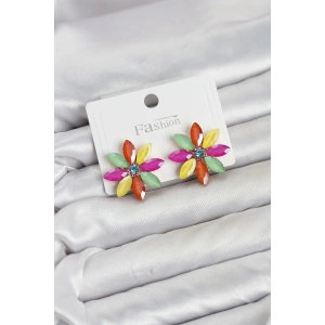 Mey İthalat® Karışık Renk Kristal Taşlı Lotus Çiçek Model Kadın Küpe