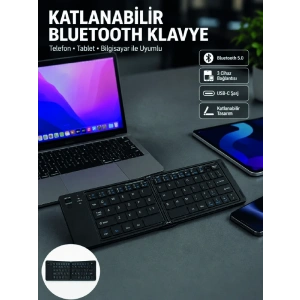 Mey İthalat® Katlanabilir Bluetooth Klavye 3 Cihaz Bağlantılı Kablosuz Taşınabilir Klavye