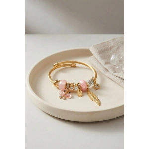 Mey İthalat® Kelebek Model Gold Renk Pembe Charmlı Bileklik