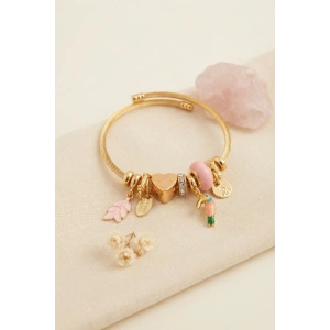 Mey İthalat® Kuş Figürlü Pembe Charmlı Gold Renk Bileklik