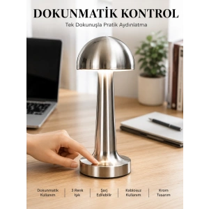 Mey İthalat® Mantar Masa Lambası Dokunmatik 3 Renk Işık Şarjlı Kablosuz Modern Krom Tasarım Yeni Nesil