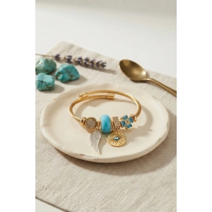 Mey İthalat® Mavi Renk Göz Model Gold Charmlı Bileklik